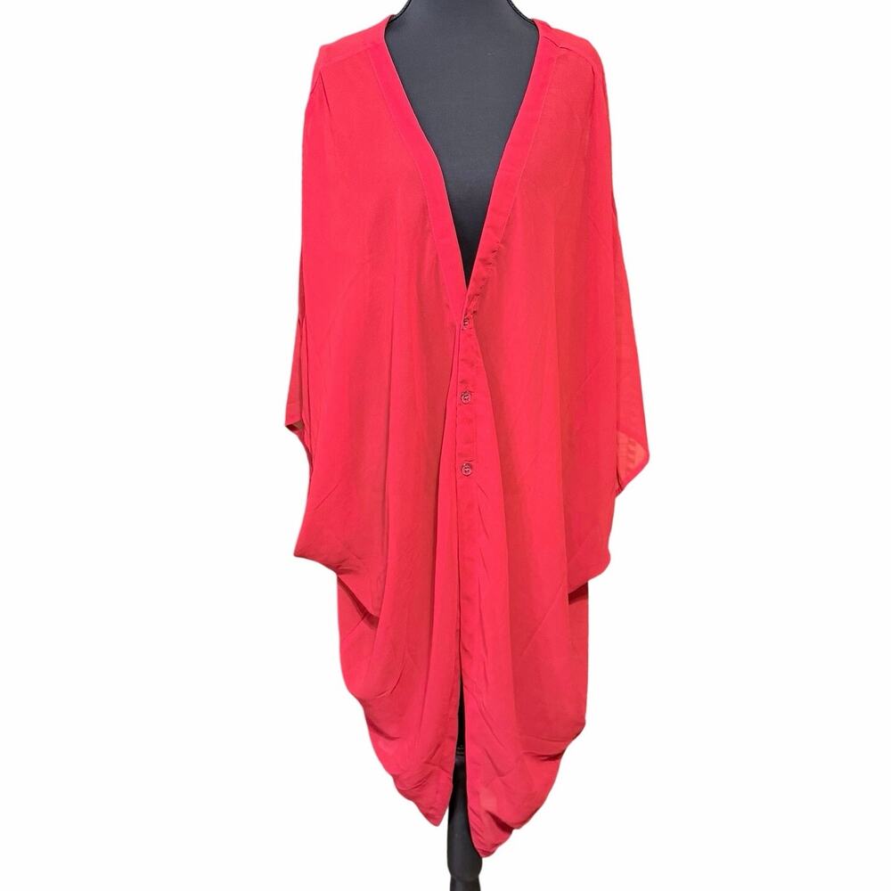 La Leela sheer red mod bold lagenlook button front long tunic kimono top onesize